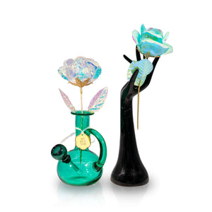 Aquarius blue glass bong with iridescent glass flowers by My Bud Vase.