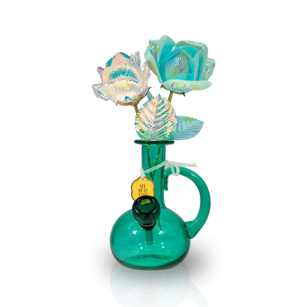 Aquarius blue glass bong with iridescent glass flowers by My Bud Vase.