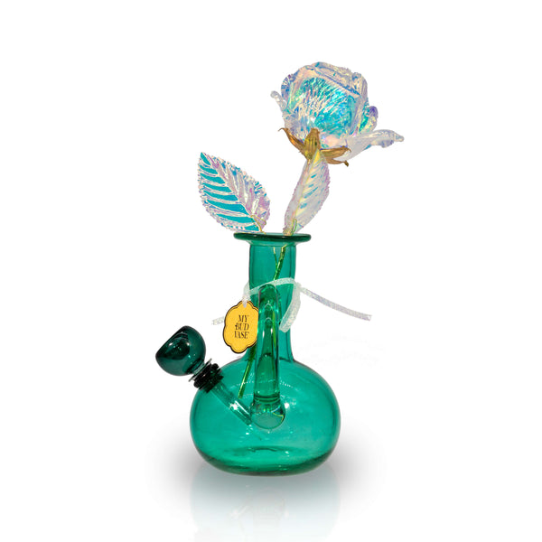 Aquarius blue glass bong with iridescent glass flowers by My Bud Vase.