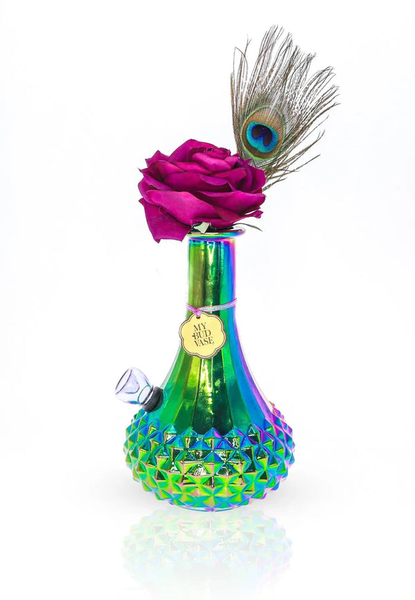 Iridescent Aurora Vase Bong and Purple Flower Picker and Peacock Picker by My Bud Vase.