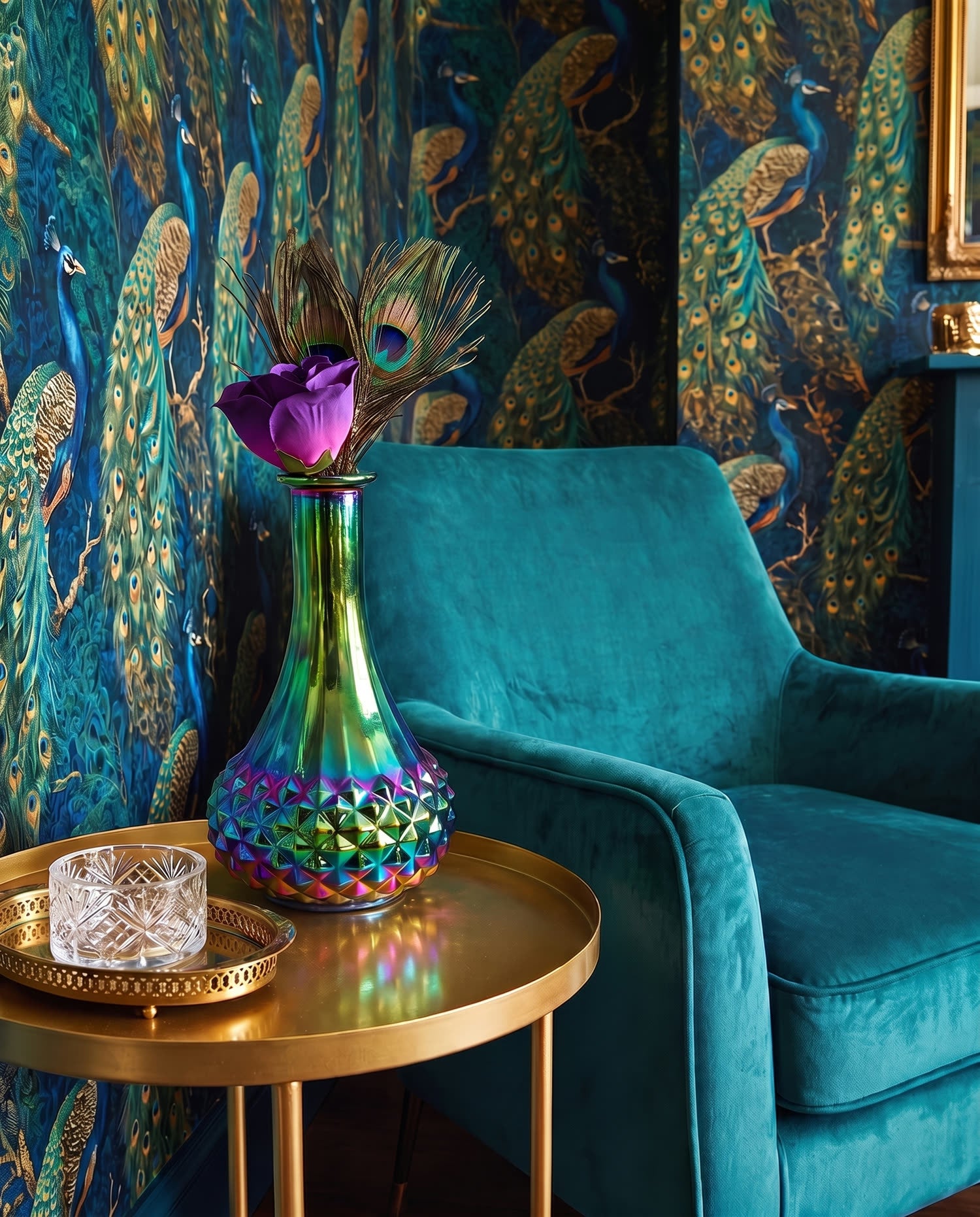 Peacock, teal and gold