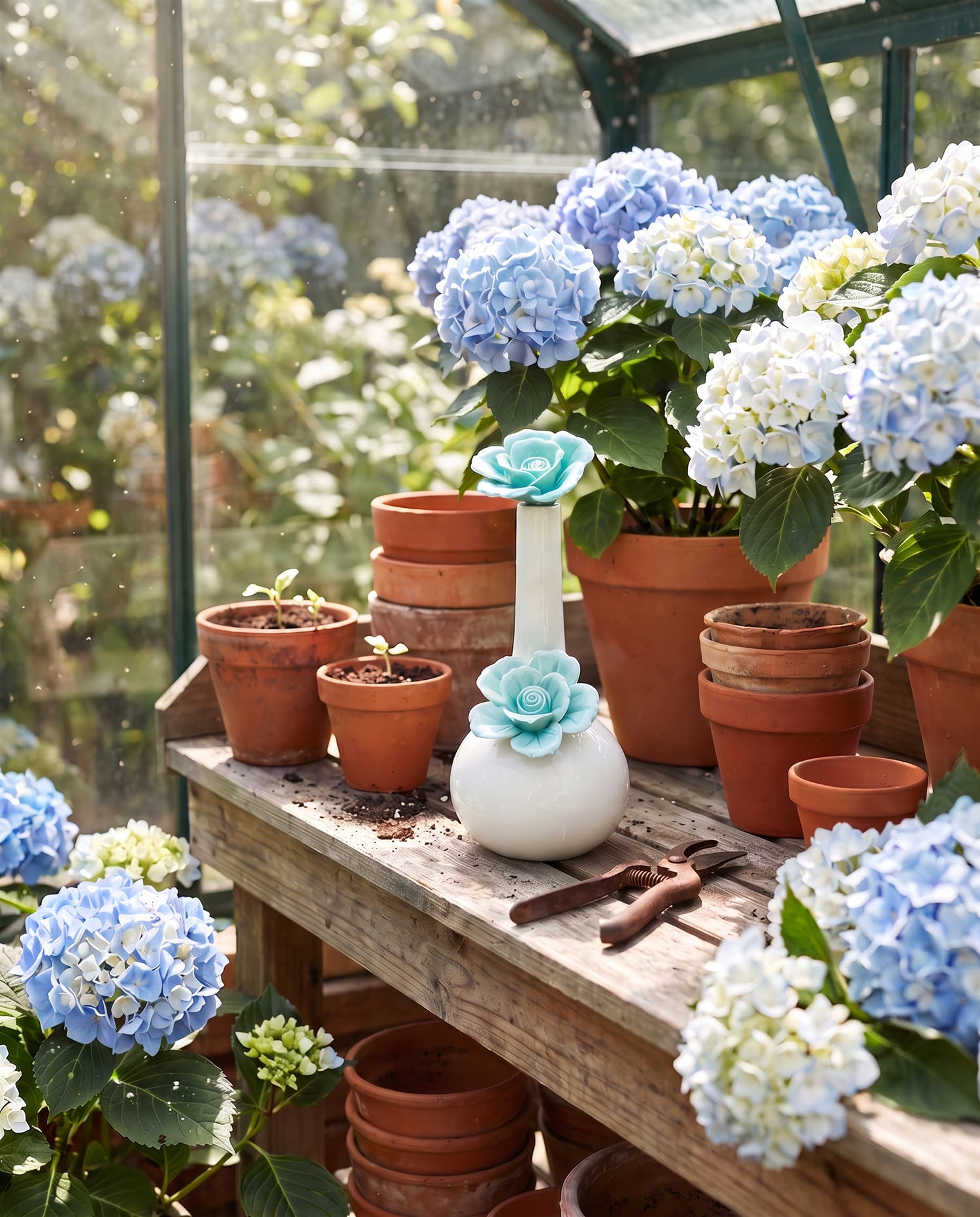 Hydrangeas and terracotta