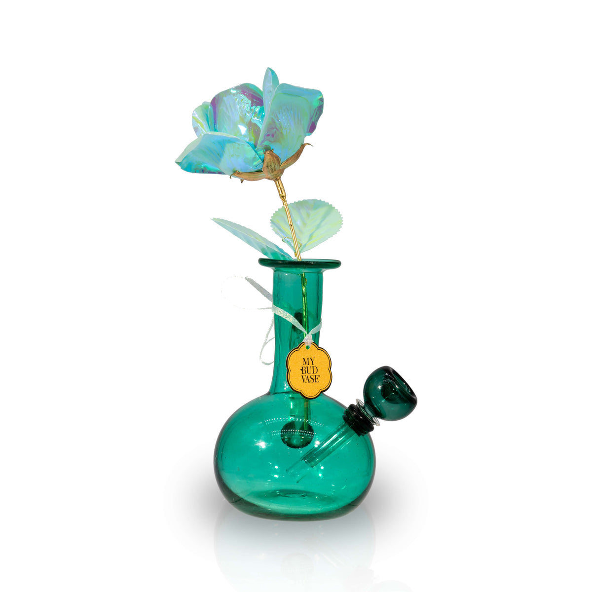 Aquarius blue glass bong with iridescent glass flowers by My Bud Vase. 