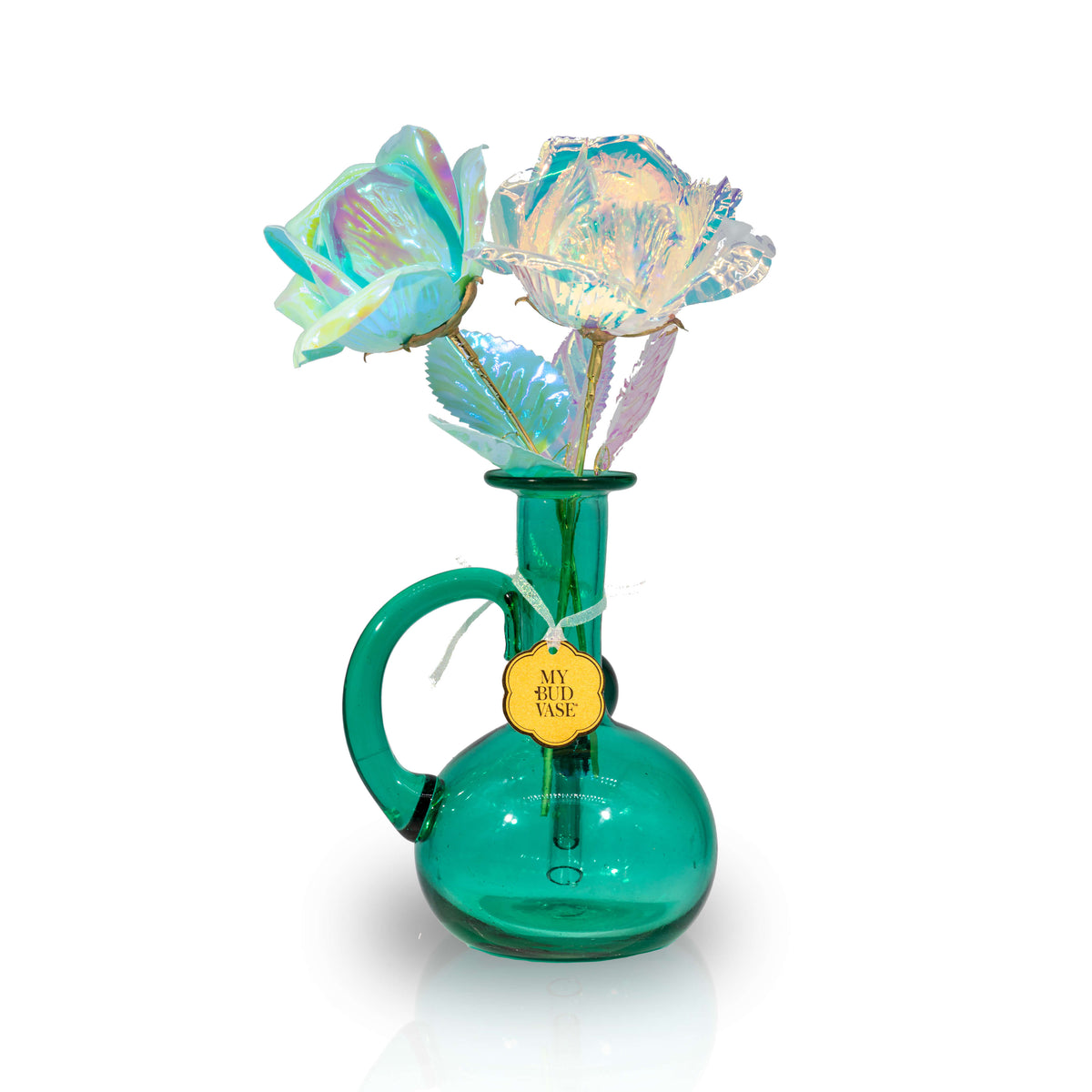 Aquarius blue glass bong with iridescent glass flowers by My Bud Vase. 