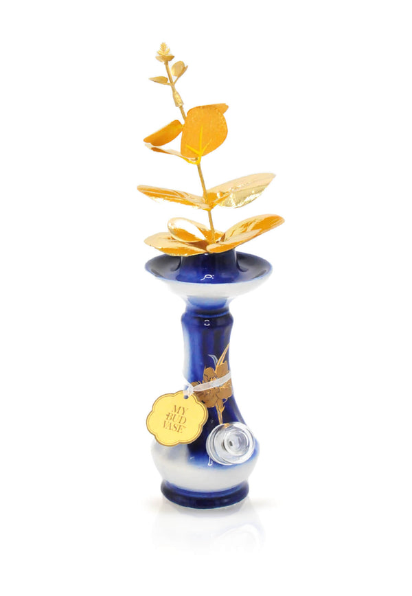 gorgeous blue, white and gold mini china porcelain ceramic vase bong with metallic gold flower poker