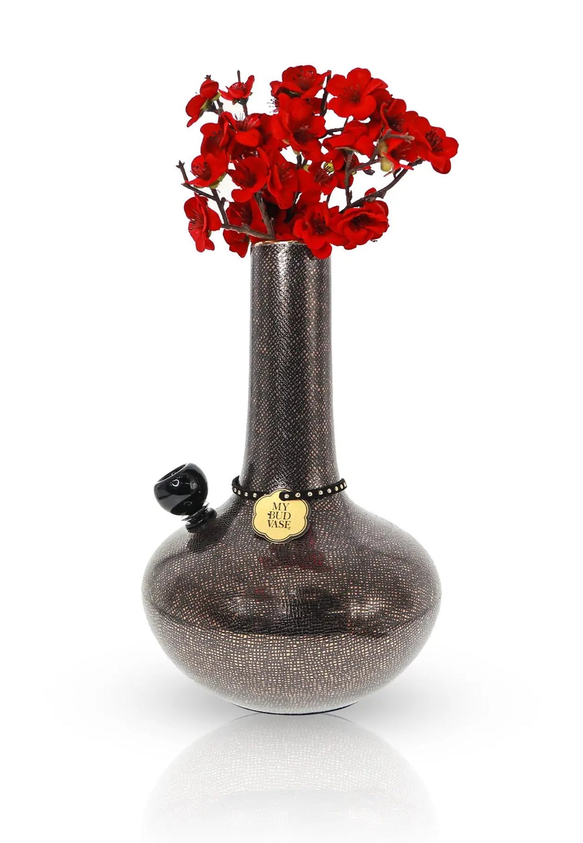 Burmese Black Bong and vase with gold porcelain snakeskin pattern featuring a gold-rimmed neck, 9mm 3" bubble bowl and blossom flower poker. Shop My Bud Vase! 