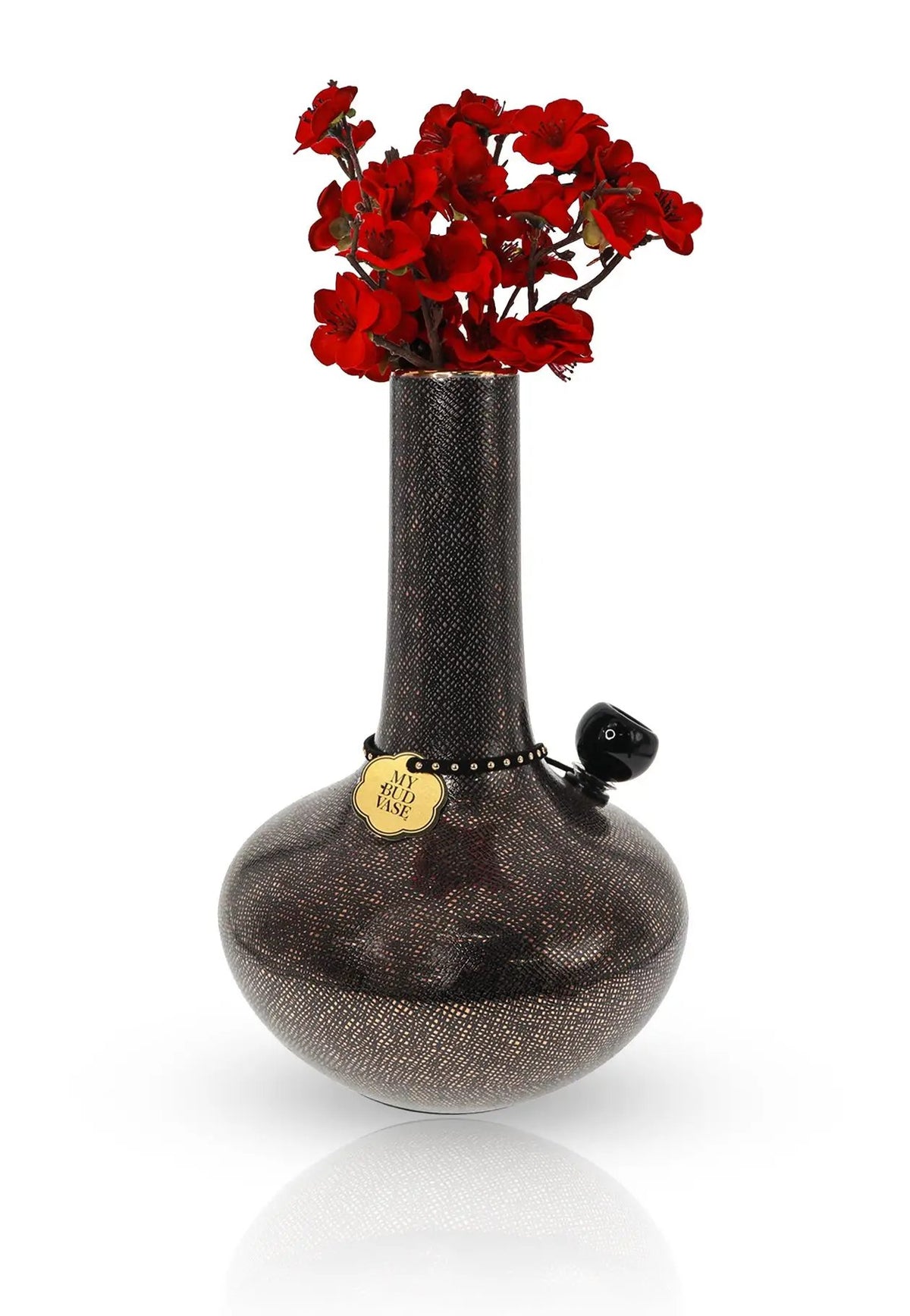 Burmese Black Bong and vase with gold porcelain snakeskin pattern featuring a gold-rimmed neck, 9mm 3" bubble bowl and blossom flower poker. Shop My Bud Vase! 