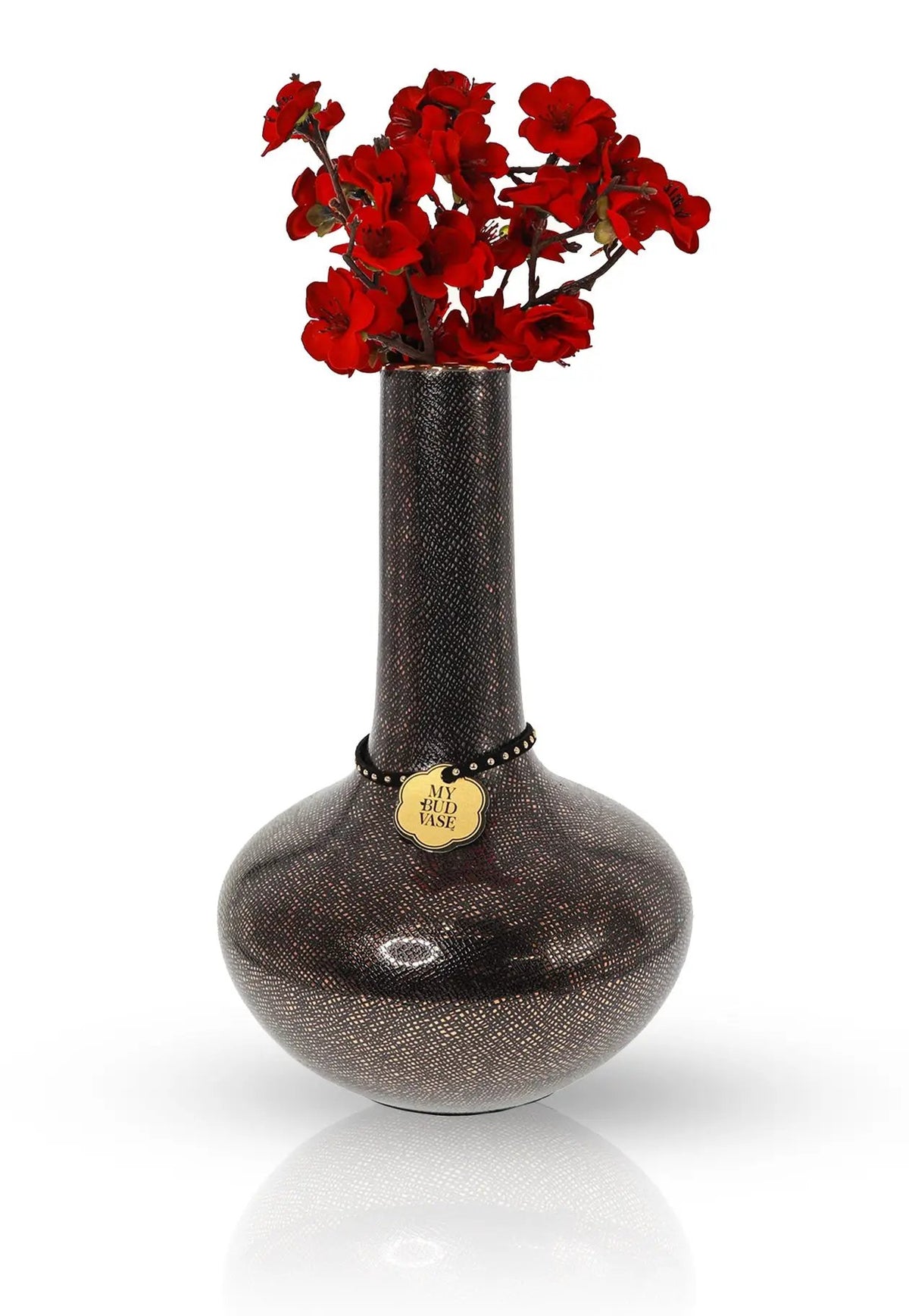 Burmese Black Bong and vase with gold porcelain snakeskin pattern featuring a gold-rimmed neck, 9mm 3" bubble bowl and blossom flower poker. Shop My Bud Vase! 