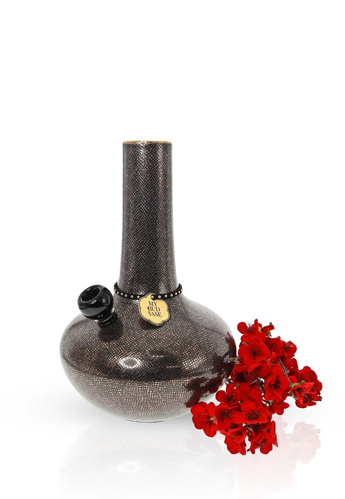 Burmese Black Bong and vase with gold porcelain snakeskin pattern featuring a gold-rimmed neck, 9mm 3" bubble bowl and blossom flower poker. Shop My Bud Vase! 