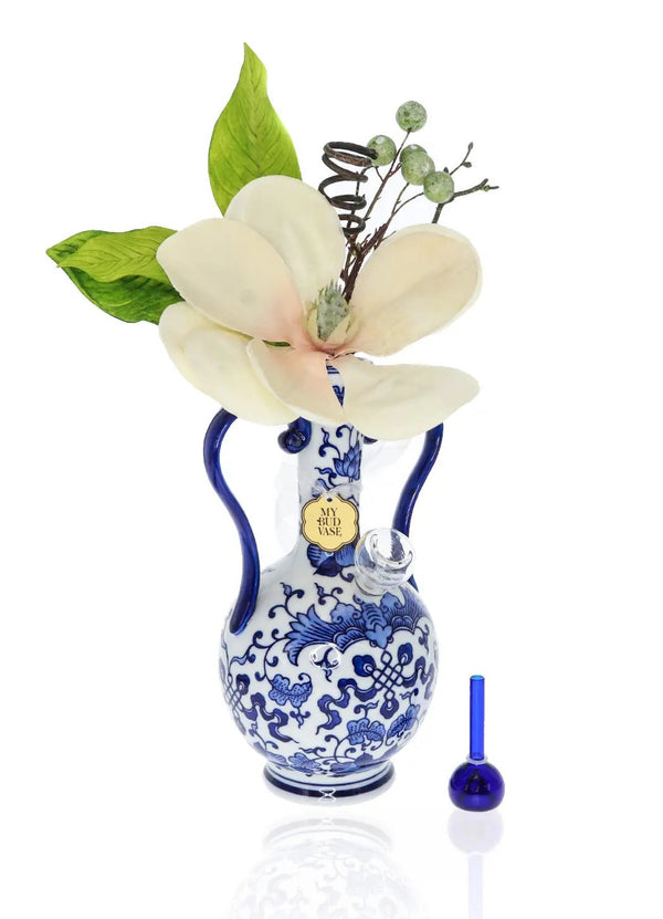 Blue painted Bong that looks like a vase with flowers. 