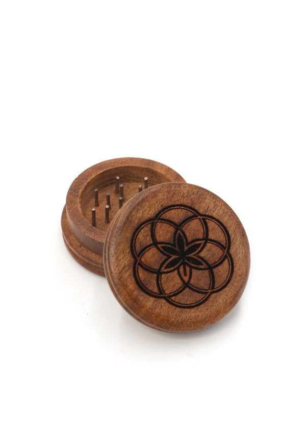 wooden grinder with flower of life symbol- rustic - cannabis decor