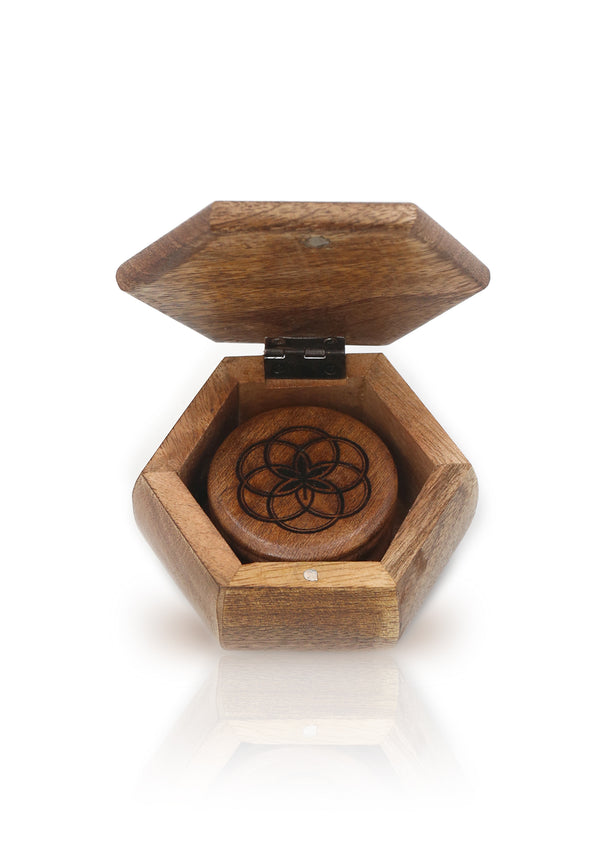 wooden stash box with magnetic closure with a wooden grinder nestled inside- rustic - cannabis decor