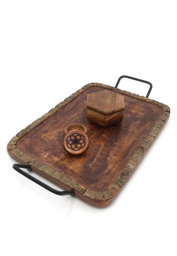 wooden rolling tray with matching stash box and wooden grinder - rustic - cannabis decor